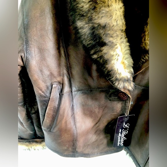 New Vintage European 90s Y2K brown leather shearling crop short jacket S Small - Picture 5 of 11